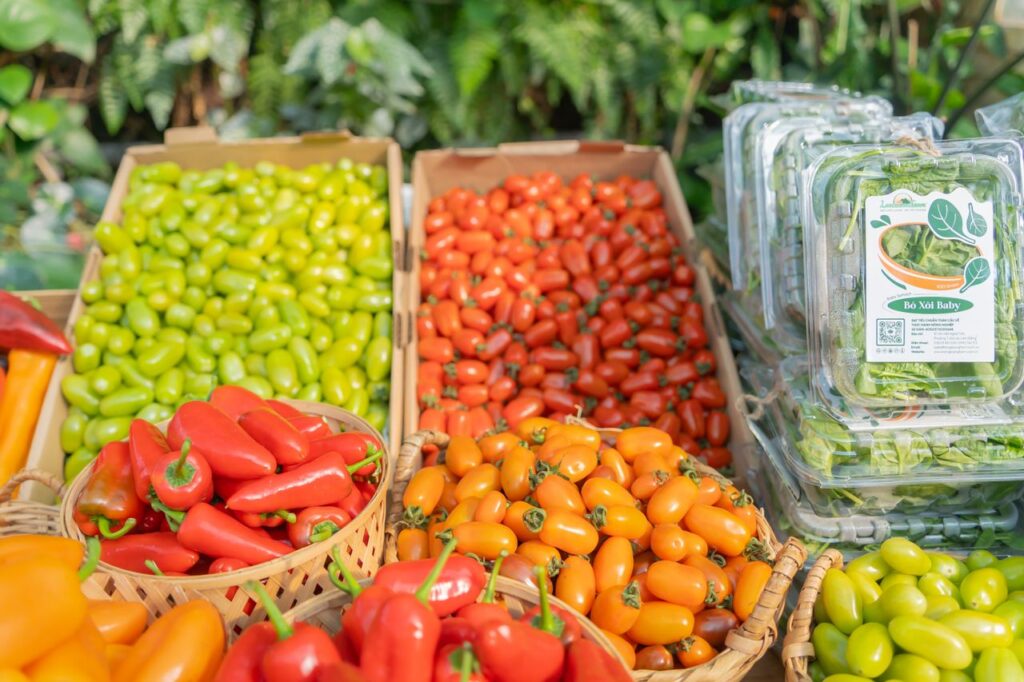 A vibrant assortment of fresh vegetables including peppers and tomatoes at a market.